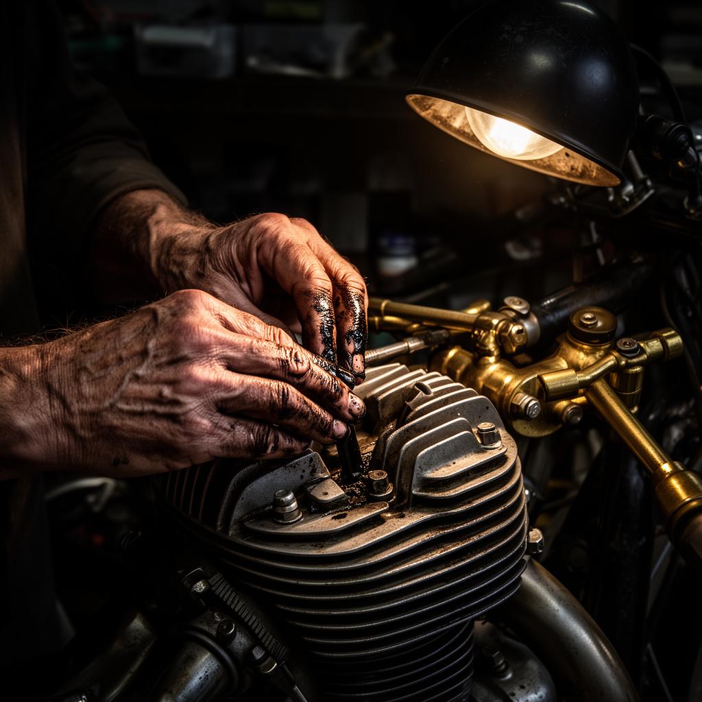 Hands working on a vintage motorcycle engine